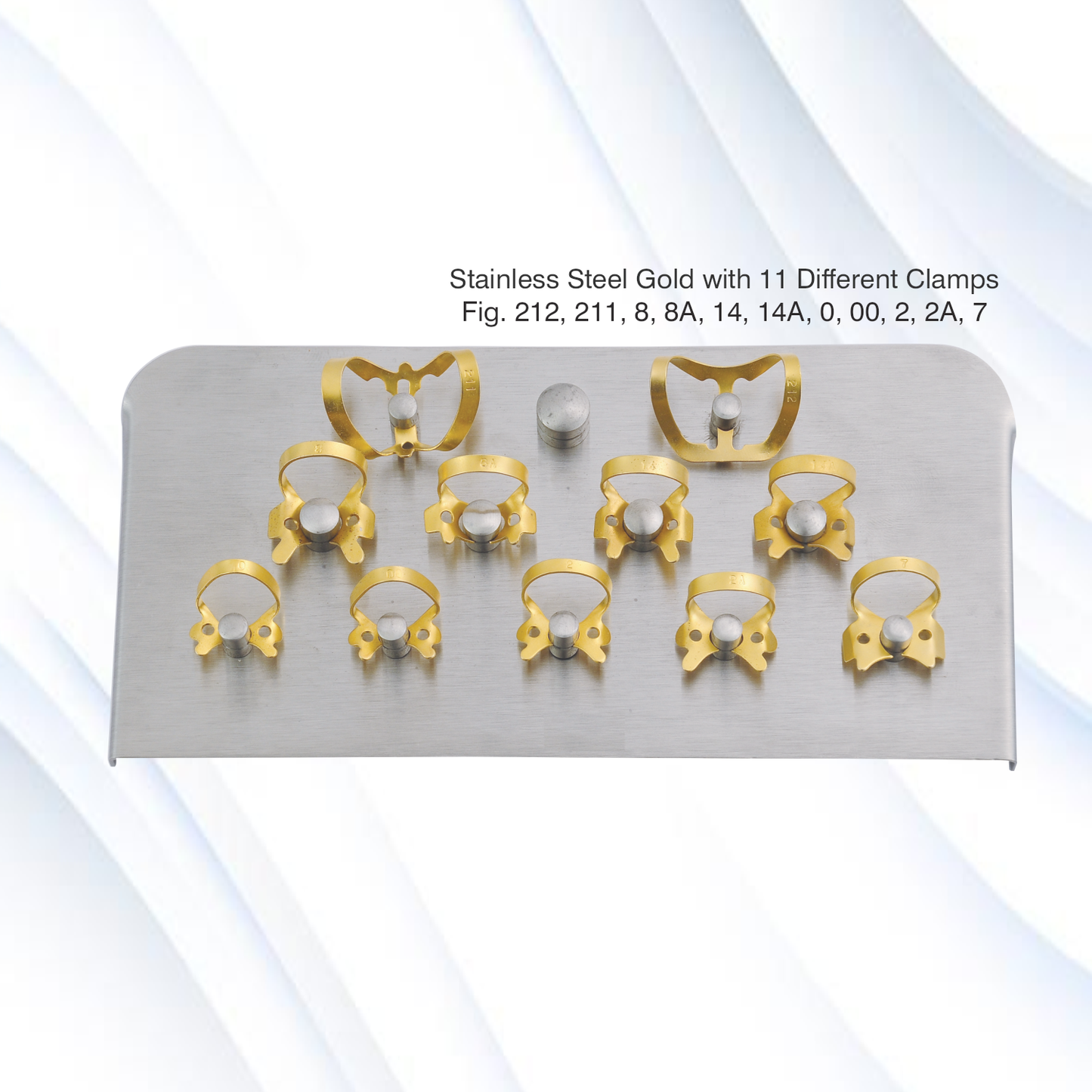 JED-196 Stainless Steel Gold Plated Rubber Dam Clamp Tray with 11 Different Clamps