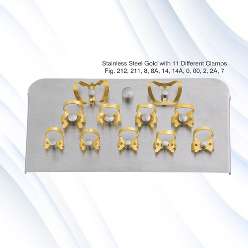 JED-196  Stainless Steel Gold Plated Rubber Dam Clamp Tray with 11 Different Clamps